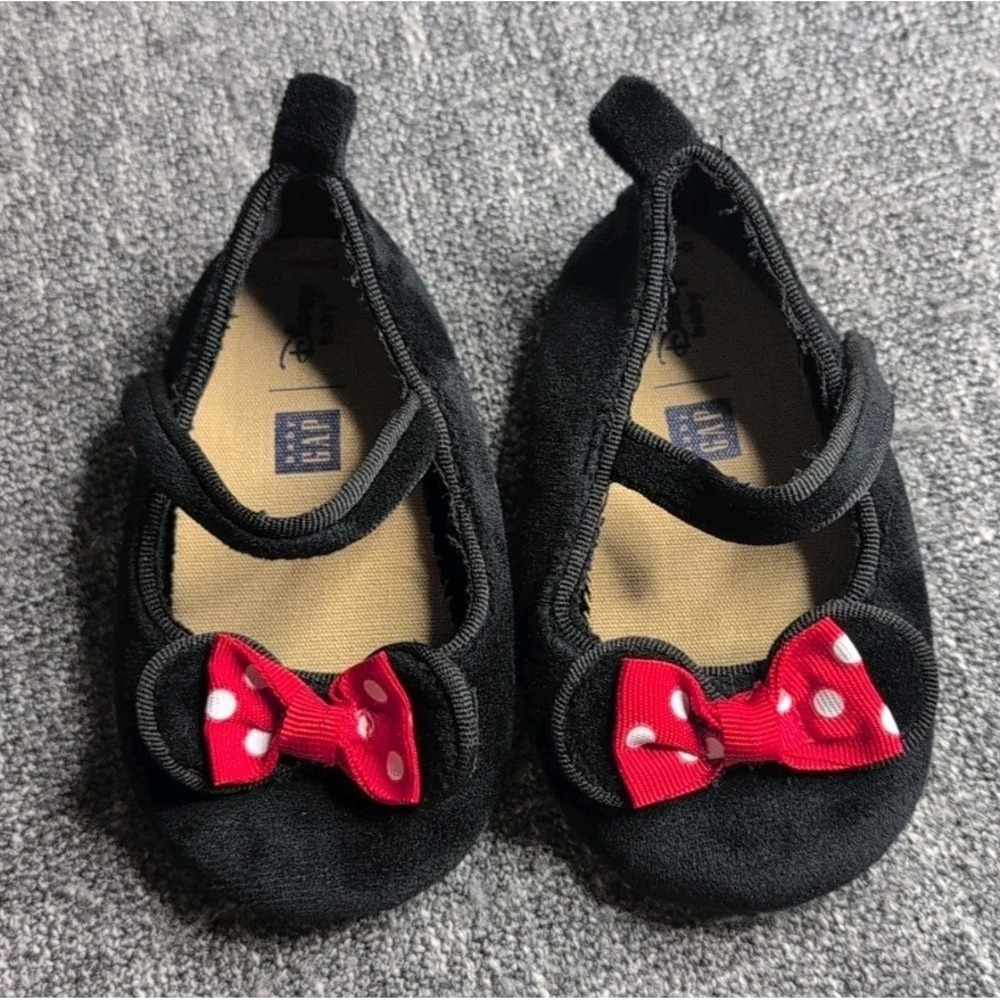 Baby Gap Disney Minnie Mouse Shoes Black Red Polka Dot Bow Size 18-24M‎ Slip On
